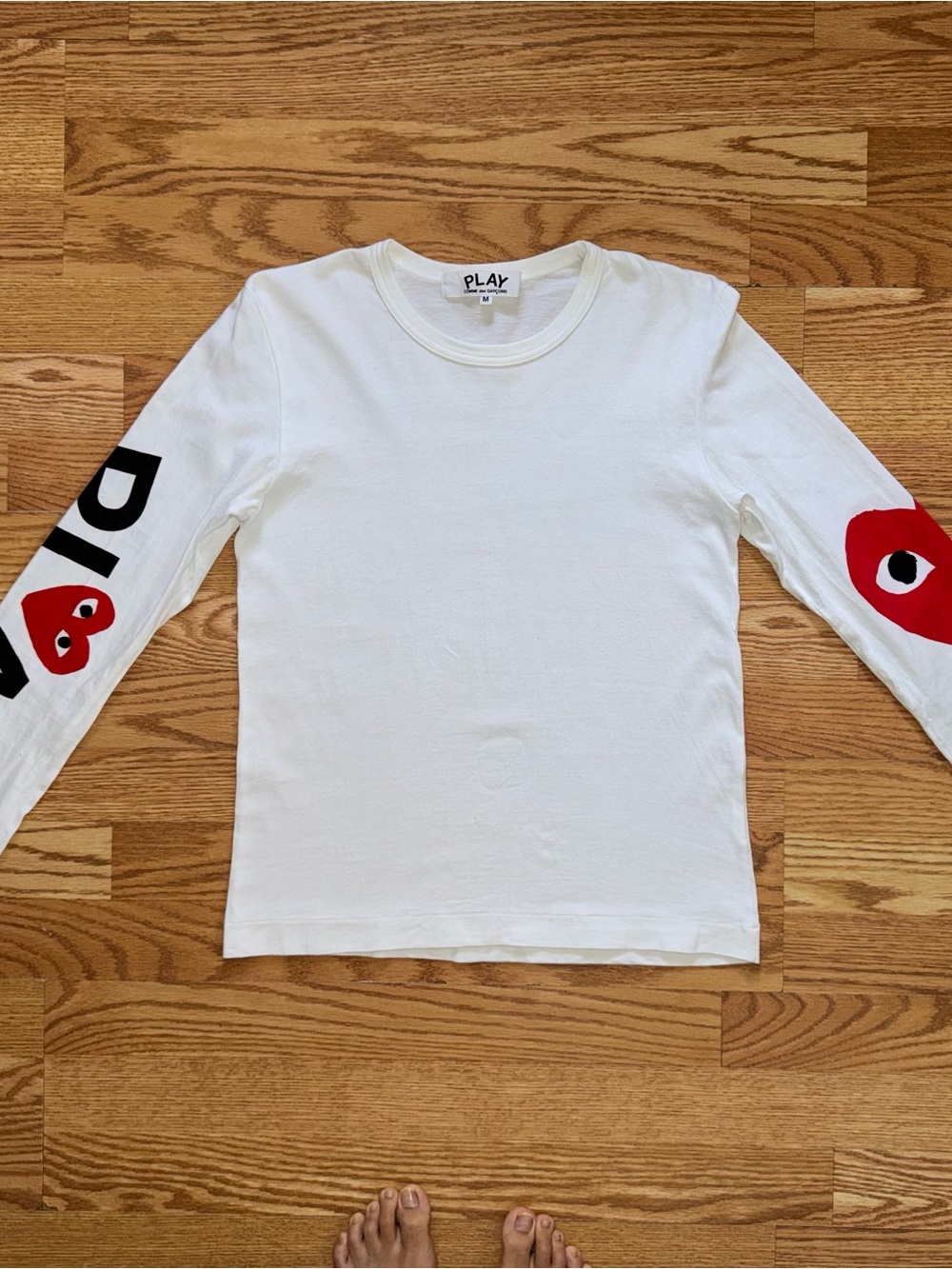 Comme des Garcons White Long-Sleeve Tee with Red Heart Sleeve Graphics